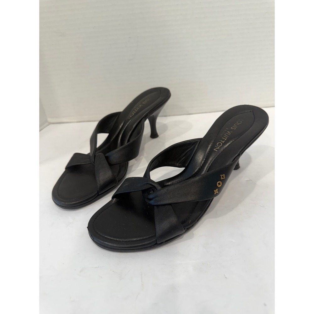 Louis Vuitton Black Leather Knot High Heel Slip On Sandals Sz 6